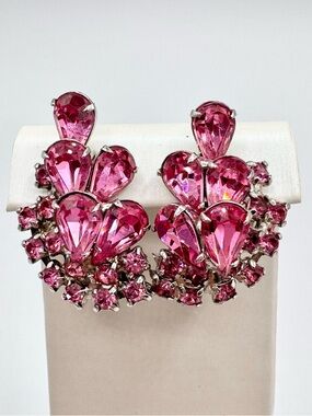 Vintage Pink Crystal Spray Ear Climber Clip On Earrings Barbiecore Regency Icy